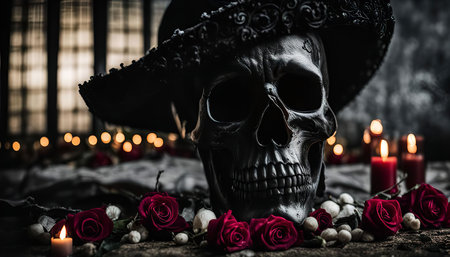 A black and white photo of a skull wearing a hat with candles and roses on a tableの写真素材