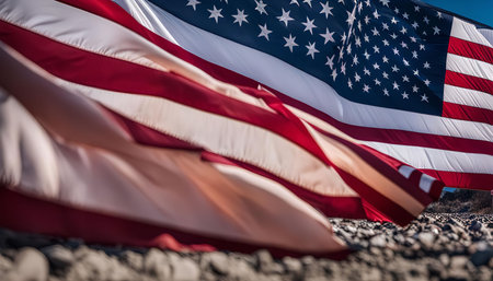 A close-up view of an American flag waving in the wind, showing the vibrant colors and intricate details of the iconic symbol of freedom.の写真素材