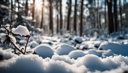 A picturesque winter scene featuring a snow-covered forest floor with sunlight filtering through the...