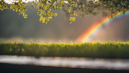 A vibrant rainbow arches over a lush green meadow, bathed in the soft glow of morning sunlight. Dewdrops sparkle on the grass, adding to the feeling of peace and tranquility.の写真素材
