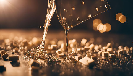 A champagne glass being poured over a bed of white chocolate squares, creating a splashing effect.の写真素材