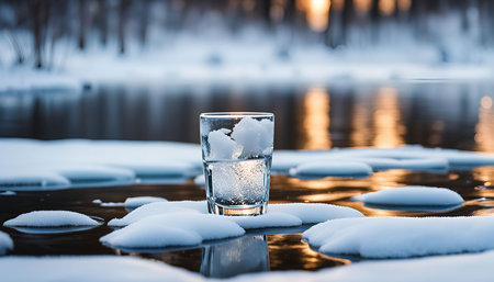 A glass of water sits on a snowy river bank, with the sun setting in the background. The reflection of the setting sun can be seen in the water.の写真素材