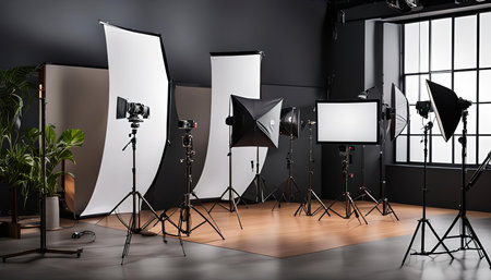 A professional photography studio with a variety of lighting equipment, backdrops, and cameras. The...