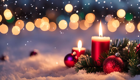 A warm and inviting scene of a lit candle and red ornaments nestled in snow, with a background of blurred golden lights. It evokes a sense of peace and magic.の写真素材