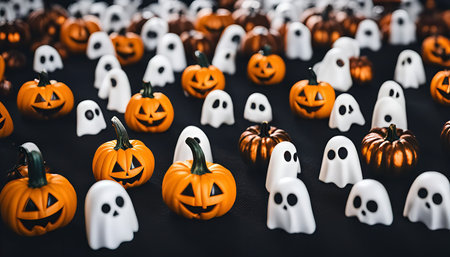 A close-up shot of Halloween pumpkins and ghosts on a black background.の写真素材
