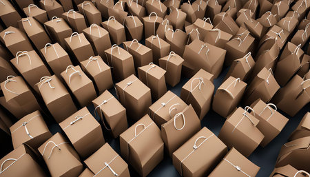 Many brown paper bags in a pattern on a black background.の写真素材