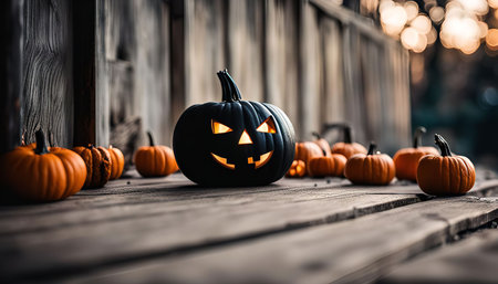 A carved pumpkin Jack-O'-Lantern with a glowing candle inside, surrounded by other pumpkins, on a wooden porch.の写真素材