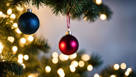 A close-up shot of two Christmas ornaments hanging from a Christmas tree with glowing lights in the background.の写真素材