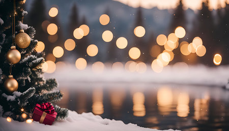 A Christmas tree with golden ornaments and a wrapped gift sits by a snow-covered lake. The background is a blur of warm lights and a snowy forest.の写真素材