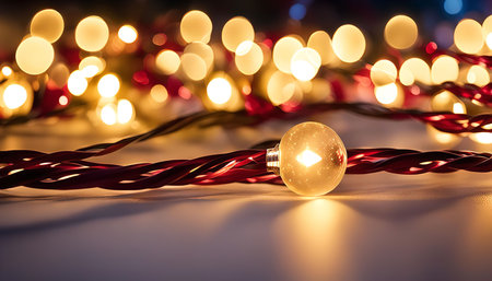 Close-up of a single Christmas light bulb glowing brightly, surrounded by a string of twinkling...