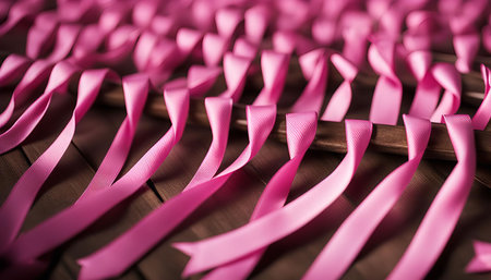A close-up image of pink ribbons arranged on a wooden surface. The ribbons symbolize support and awareness for breast cancer.の写真素材