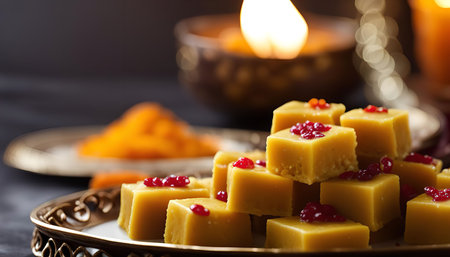 A close-up of a plate of Indian sweets, perfect for a festive celebration.
