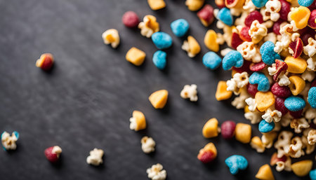 Close-up view of colorful popcorn snack on a dark background.
