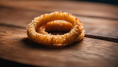 Close-up of a crispy, golden brown onion ring resting on a wooden surface. The onion ring is breaded and fried to perfection, showing a delightful texture and deliciousness.の写真素材