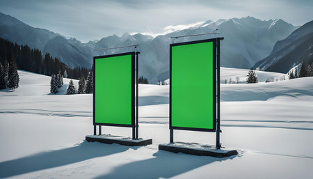 Two blank green screen billboards stand in a snowy mountain landscape with trees and a blue sky. This picturesque scene can be used as a backdrop for various advertising and design purposes.の写真素材