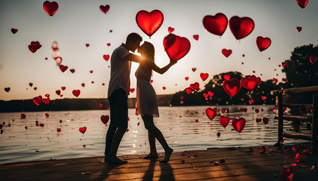 A couple stands on a wooden dock at sunset, embracing each other while surrounded by floating heart-shaped decorations over the water, creating a romantic atmosphere.の写真素材