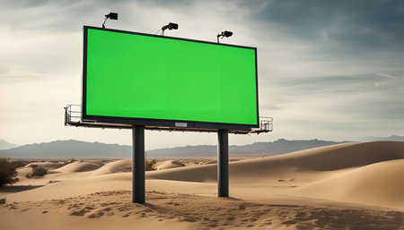 A large billboard stands tall in the middle of a vast desert landscape, against a backdrop of rolling sand dunes. The billboard's green surface is a blank canvas, ready for a message.の写真素材