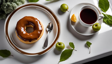 A chocolate glazed donut on a white plate with a cup of coffee and apples on the side.の写真素材