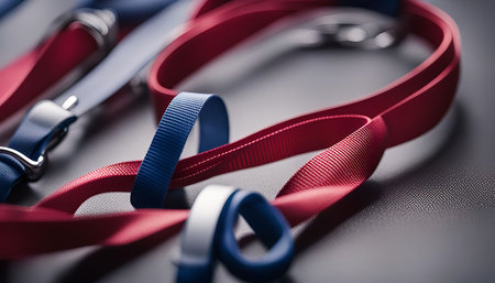 Close up shot of red and blue lanyards with a silver buckle and a textured background.の写真素材