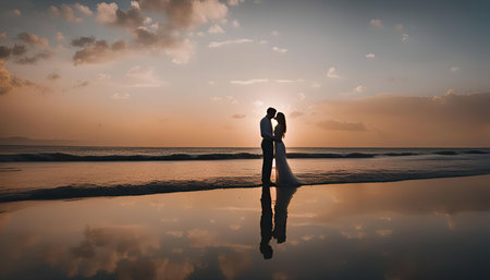 Silhouette of a bride and groom at sunset on the beachの写真素材