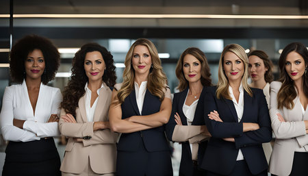 A group of confident businesswomen in professional attire, standing together in a corporate office. They exude success and power, demonstrating unity, determination, and a shared ambition.の写真素材