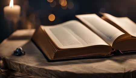 An open book with pages illuminated by a candlelight, symbolizing knowledge, wisdom, and...