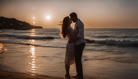 Romantic young couple in love embracing and kissing on the beach at sunsetの写真素材