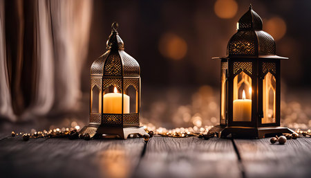 Two ornate lanterns with lit candles, creating a warm and inviting glow against a dark, bokeh-filled...