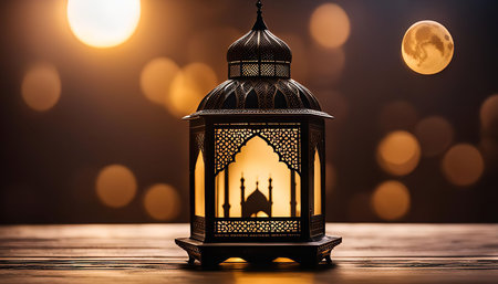 A traditional Ramadan lantern with a mosque silhouette against a bokeh background of warm lights and...