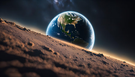 A stunning view of Earth rising above the horizon of another planet, showing its beauty and the...