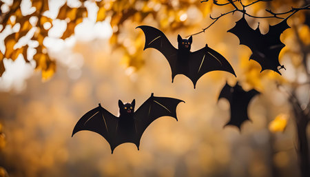 Three bats hang from a tree branch against a backdrop of autumn leaves. Their silhouettes are...