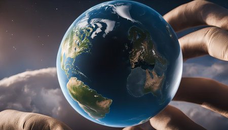A digital rendering of the Earth held gently in human hands, symbolizing care and protection for our...