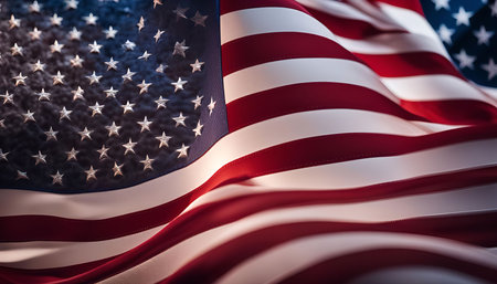 A close-up shot of the American flag waving in the wind, highlighting the intricate details of the...