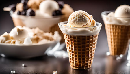 A close-up shot of a scoop of vanilla ice cream in a waffle cone with a blurred background of other ice cream dessertsの写真素材