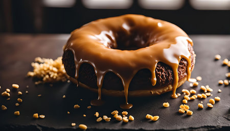 A close-up shot of a delicious caramel glazed donut with sprinkles. The donut is perfectly glazed, and the caramel is dripping down the sides. The image is mouthwatering and would make anyone crave a sweet treat.の写真素材