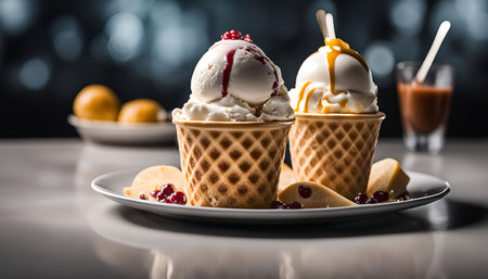 Two ice cream cones with vanilla ice cream, one with caramel topping and the other with red berry...