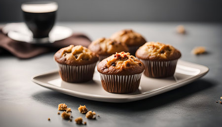 Four freshly baked muffins on a white plate with a cup of coffee in the background. The muffins are golden brown and look delicious.の写真素材