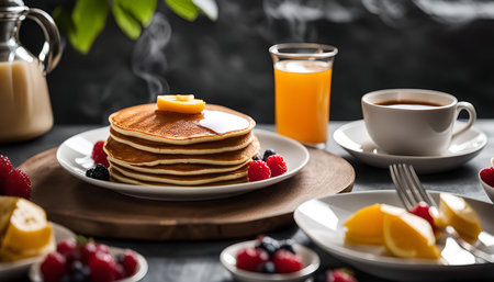 A plate of steaming hot pancakes topped with butter and syrup, served with fresh raspberries, blueberries, orange slices and a cup of coffee. It's a perfect breakfast or brunch.の写真素材