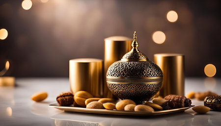 Golden decorative objects on a tray surrounded by almonds and a blurred background, creating a beautiful and festive image for Ramadan.の写真素材