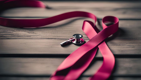 A pink ribbon and stethoscope on a wooden background. It symbolizes awareness, support and hope for those affected by cancer.の写真素材