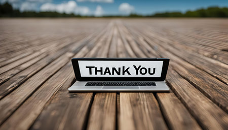 A laptop with a thank you message displayed on its screen sits open on a wooden deck with a blurred...
