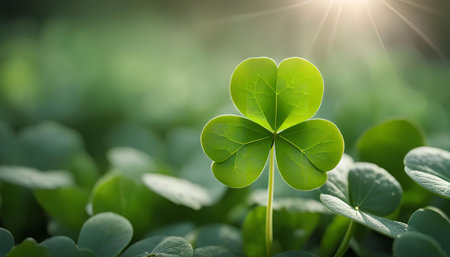 A close-up shot of a vibrant green shamrock bathed in warm sunlight, representing luck and Irish...