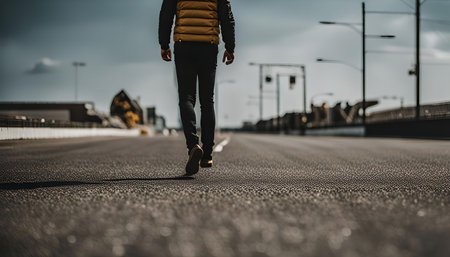 A single man walks away from the camera on a straight, empty road. The photo is taken from a low...