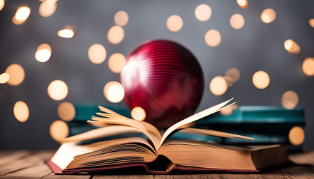 An open book with a red sphere resting on top, soft light shining around the scene, evoking a sense of magic and mysteryの写真素材