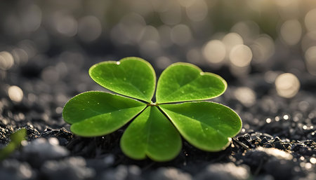 A close-up of a four-leaf clover growing on the ground, illuminated by the warm glow of the sun,...