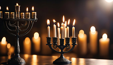 A close-up of two menorahs with lit candles, one in the foreground and the other in the background....