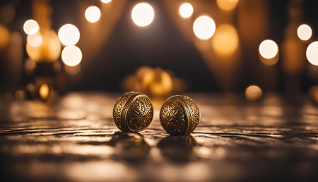 Two golden spheres with intricate designs sit on a wooden surface, illuminated by warm bokeh lights...