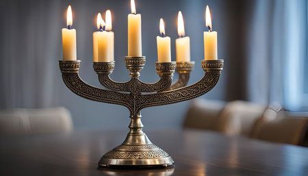 A close-up shot of a silver menorah with burning candles on a table.の写真素材