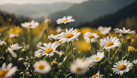 A beautiful field of daisies in bloom, with a mountain backdrop in the distance. The daisies are white with yellow centers, and the field is bathed in sunlight.の写真素材