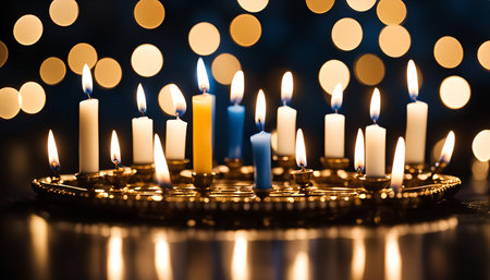 A close-up view of a tray filled with candles, illuminating the space with warm, flickering light. The blurred bokeh lights in the background add a sense of magic and wonder to the scene.の写真素材